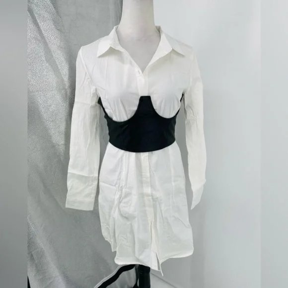 White Long Sleeve Mini Shirt Dress with Black Faux Leather Corset Belt - Picture 7 of 14